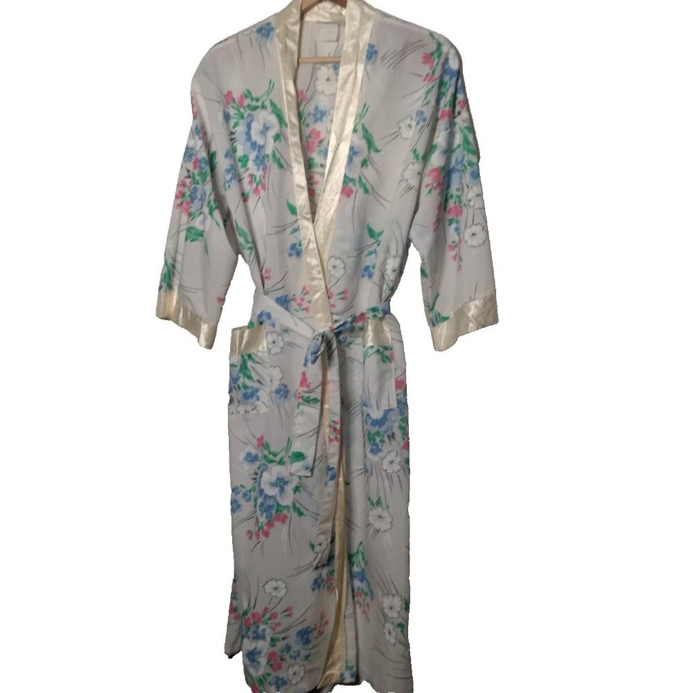 Vintage Appel Robe White Pastel Floral Satin Trim Grannycore Cottage Belted